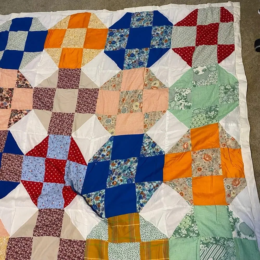 Handmade Vintage 30s Snowball Nine-Patch Quilt 67x72 Large Throw Blanket